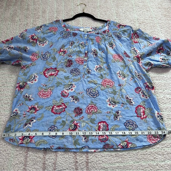 LOFT Blue Floral Blouse 100% Cotton Puff Short Sleeves Size XXL Spring Summer - Picture 7 of 9